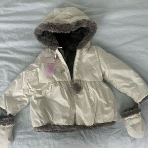 Lapin Toddler Little Girls Winter Faux Fur Coat Jacket w/ mittens, size 2 (92cm)
